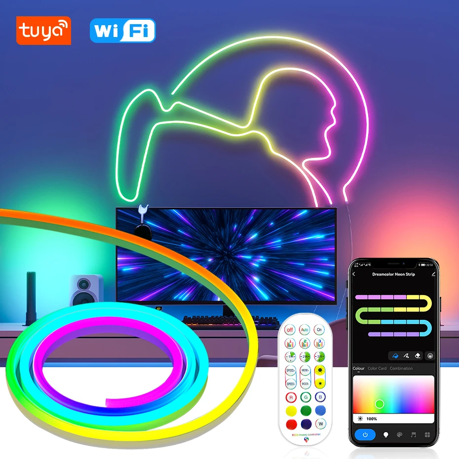 Tuya Smart Life RGBIC 12V Neon Light Strip 96LEDs/m 3m 5m Waterproof WiFi Neon Led Tape RGB Chasing Lights For Room Bars Party